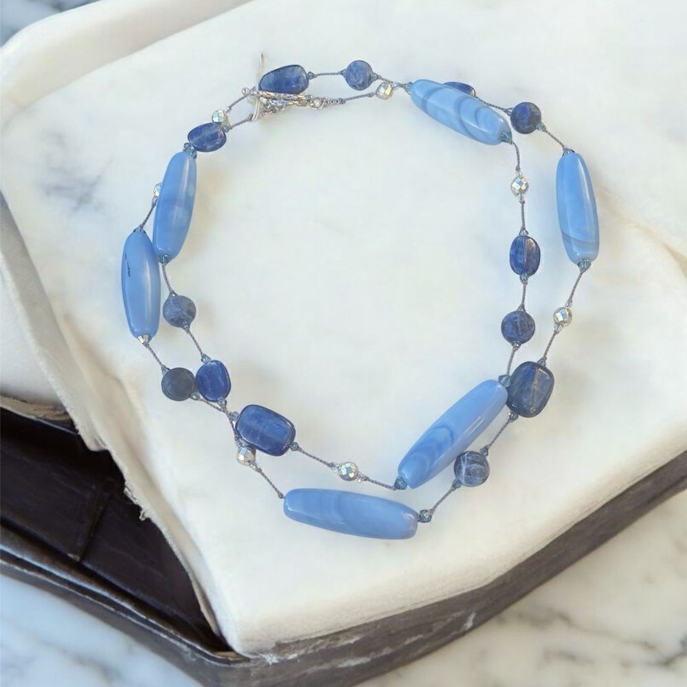 NWT New Margo Morrison Blue Genuine Stone & Crystal Necklace Kyanite/Pyrite